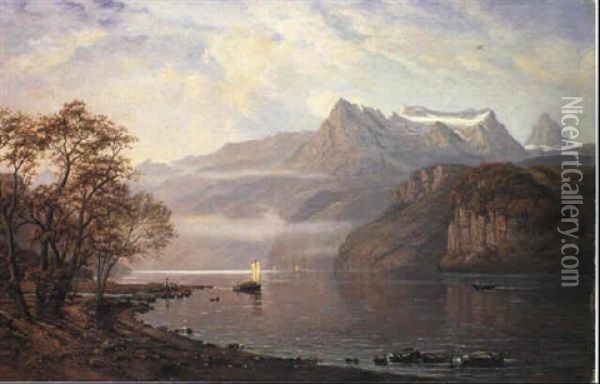 Landskab Med En Bjergso Oil Painting - Jorgen Hendrick Moller
