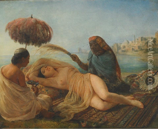 Odalisque Fanned By Her Slaves Oil Painting - Francois-Auguste Biard