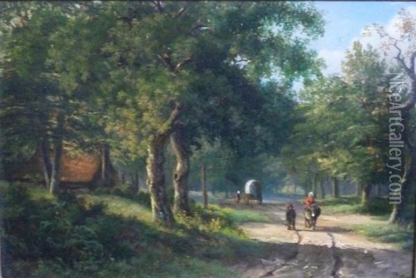 Figures Traveling On A Forest Road Oil Painting - Arend Cornelis Hazeu