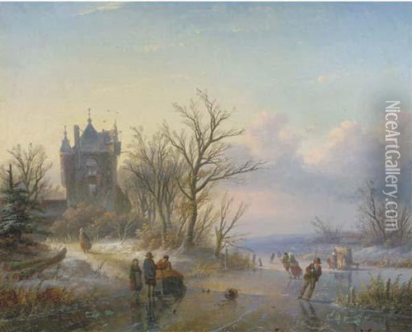 A Sunny Winter's Day With Skaters By A Castle Oil Painting - Jan Jacob Coenraad Spohler