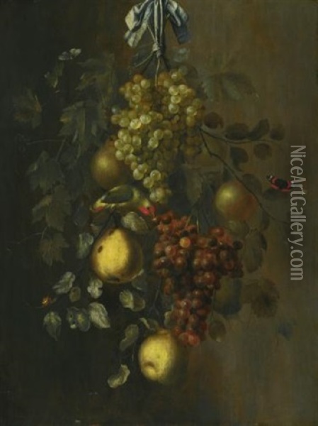 A Festoon Of Grapes, Apples And Pears Hanging From A Nail, With Snails, Butterflies And A Parrot Oil Painting - Gillis Gillisz. de Berch