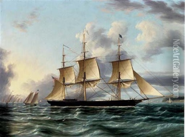 The American Clipper "architect" Off A Coast With Pilot Boat, A Regatta And Other Shipping In The Distance Oil Painting - James Edward Buttersworth