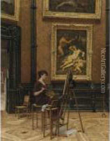 An Artist In The Louvre With Corregio's Jupiter And Antiope Oil Painting - Louis Beroud