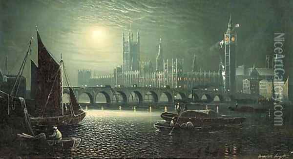 The Palace of Westminster in the moonlight Oil Painting - Ansdele Smythe