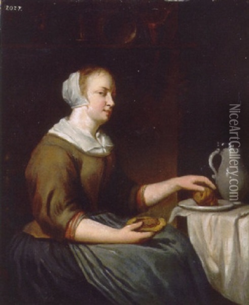 A Woman Seated At A Table Oil Painting - Gabriel Metsu