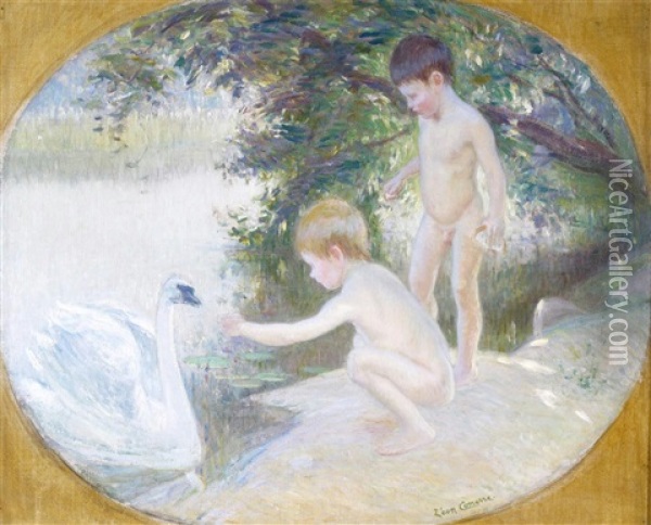 Boys Bathing And Feeding A Swan Oil Painting - Leon Francois Comerre