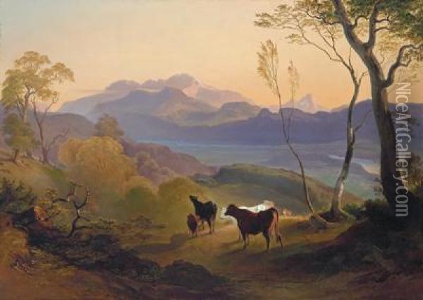 Weidende Kuhe Neben Weiter Flusslandschaft Oil Painting - Joseph Mayburger