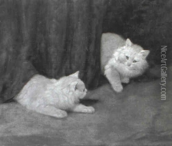 Spielende Katzen Vor Grunem Vorhang Oil Painting - Arthur Heyer