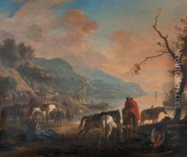 Cavaliers Au Repos Dans Un Port Mediterraneen Oil Painting - Jan von Huchtenburgh