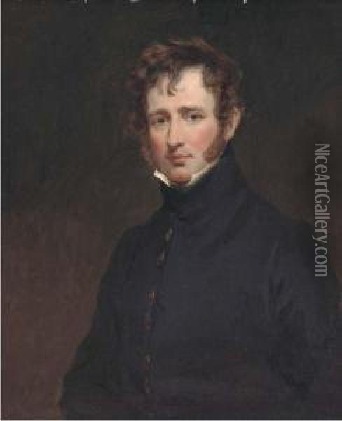 Portrait Of A Gentleman, Half-length, In A Black Coat And Whitecollar Oil Painting - George Henry Harlow