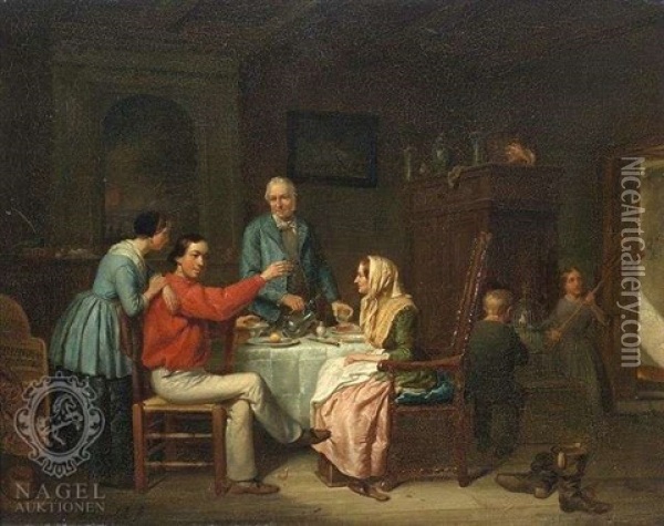 Saloninterieur. Die Familie Hat Sich Um Den Tisch Versammelt Oil Painting - Jacob Akkersdijk