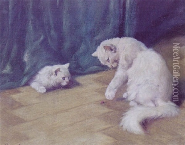 To Hvide Katte, Der Leger Med En Mariehone Oil Painting - Arthur Heyer