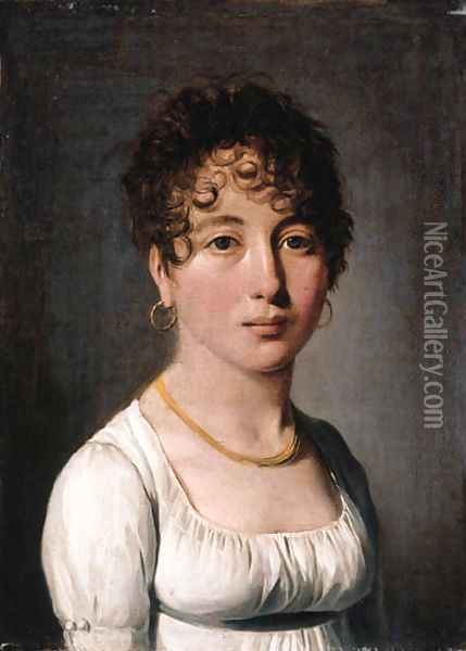 Portrait of a lady, small bust-length, in a white dress and with a gold necklace Oil Painting - Louis Leopold Boilly
