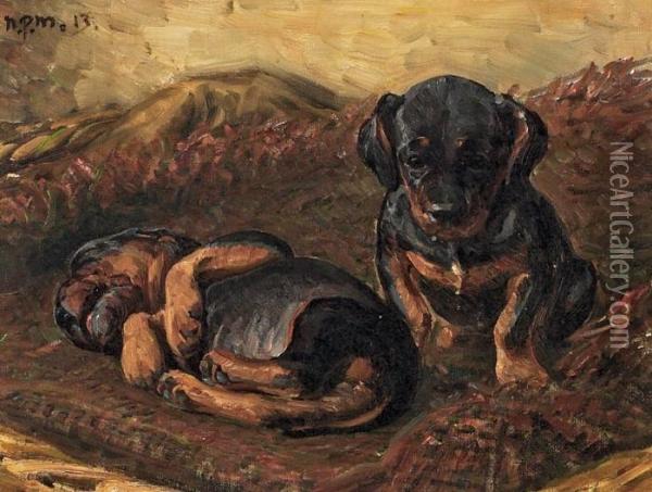 Puppy Dachshunds On Carpet Oil Painting - Niels Pedersen Mols