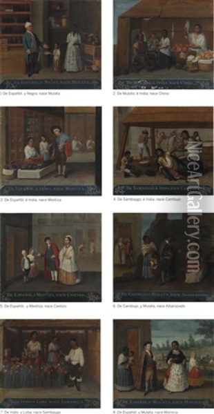 A Group Of Eight Casta Paintings Oil Painting - Jose de Alcibar