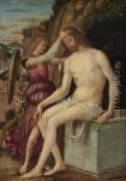 The Resurrected Christ With An Angel Oil Painting - Gian Francesco de Maineri