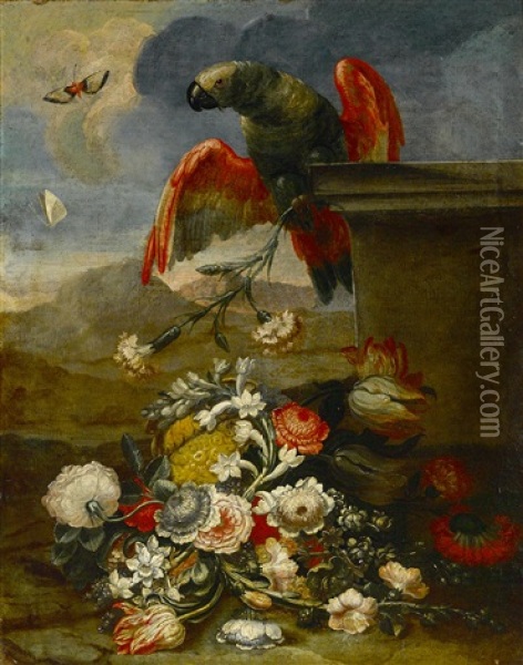 A Parrot On A Ledge With A Still Life Of Flowers Beneath Oil Painting - Gasparo Lopez