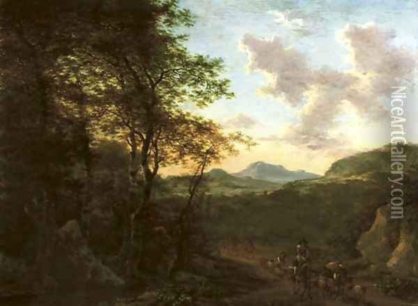 An Italianate wooded landscape with a peasant on his mule driving sheep on a track, a river and mountains beyond Oil Painting - Willem de Heusch