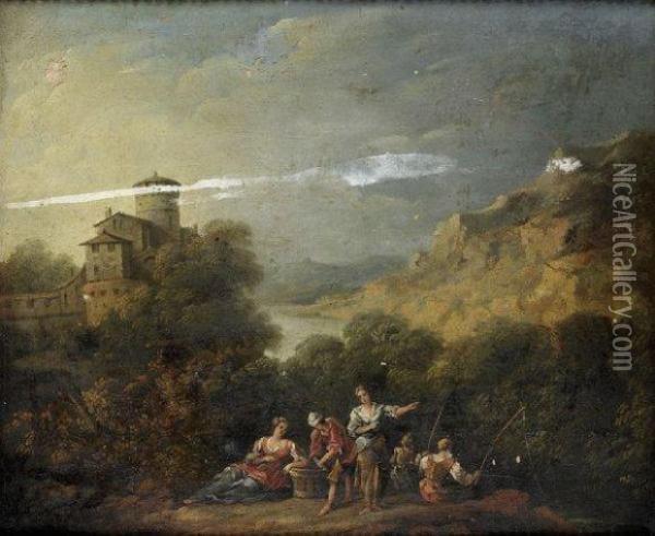 Pecheurs Sur Un Tertre Dans Un Paysage Vallonne Oil Painting - Pierre Salomon Domenchin De Chavannes