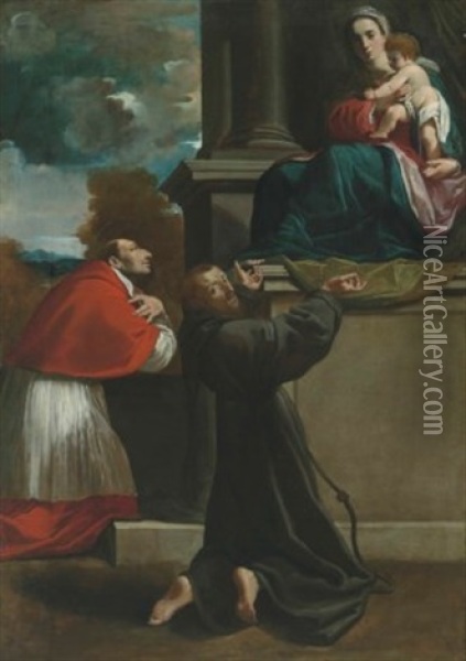 The Madonna And Child Adored By Saints Francis Of Assisi And Carlo Borromeo Oil Painting - Carlo Bononi