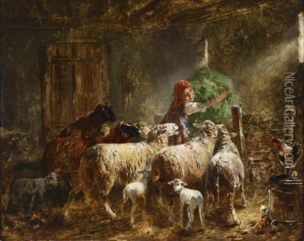 Feeding The Sheep Oil Painting - Friedrich Otto Gebler