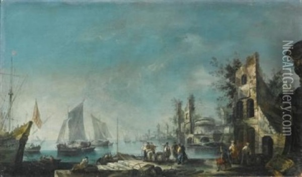 A Capriccio Harbour View With Figures Conversing And Ships At Anchor Oil Painting - Antonio Stom