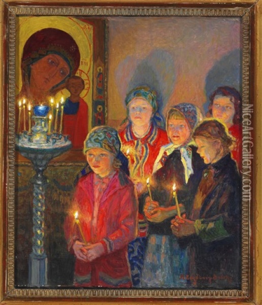 In A Russian Church Oil Painting - Nikolai Petrovich Bogdanov-Bel'sky