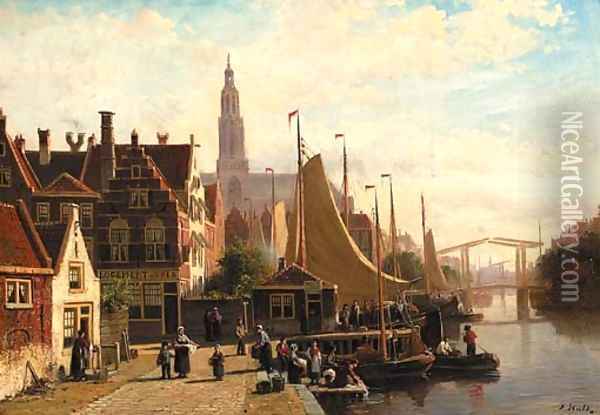 A view of a town in summer with townsfolk on a quay by the Sneek-Lemmer ferry post Oil Painting - Johannes Frederik Hulk