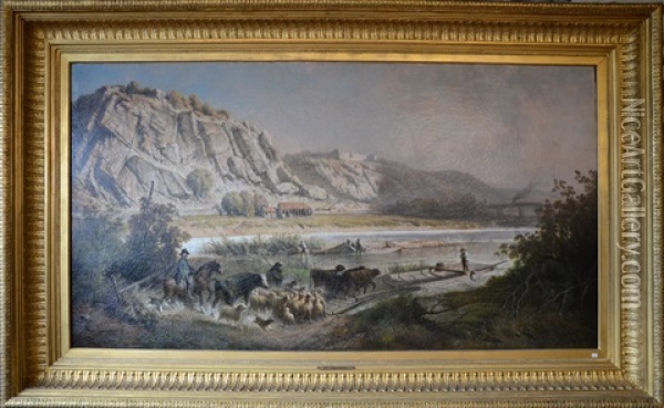 Bord De Meuse Avec Animaux Oil Painting - Ferdinand Joseph Bernard Marinus