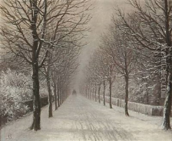 Snowy Avenue With A Horse-drawn Carriage In The Distance Oil Painting - Christian Bernh. Severin Berthelsen