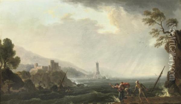 A Rocky Coastal Landscape With Figures Fleeing From Stormywaters Oil Painting - Claude-joseph Vernet