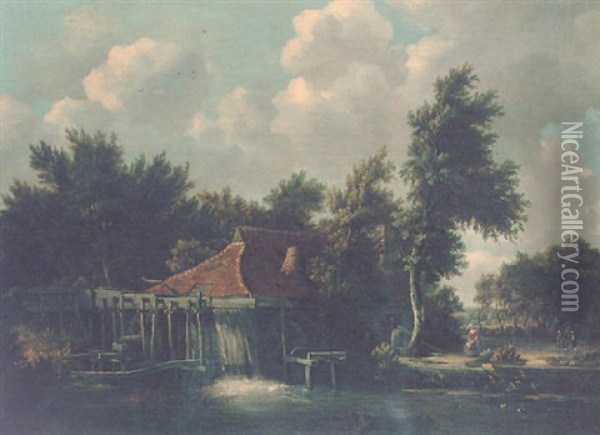 Figures Near A Mill Oil Painting - Meindert Hobbema