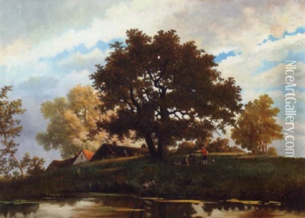 A Group Of Boys With Their Dogs Lazing Under A Tree By A River Oil Painting - Albert Roosenboom