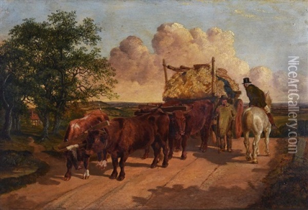 Man On Horseback Talking To Ox Wagon Leader Oil Painting - Benjamin Herring Jr.