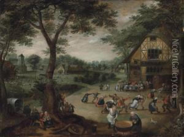 A Village Kermesse With Figures Dancing And Drinking In Front Of A Tavern, Houses And A Church In A Wooded Landscape Oil Painting - Tobias van Haecht (see Verhaecht)