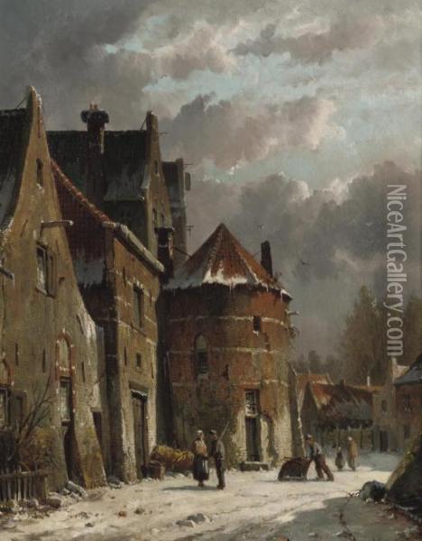 Villagers Conversing In A Snow Covered Street Oil Painting - Adrianus Eversen