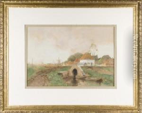 Dutch Scene Of Windmill, Houses Andwaterway Oil Painting - Willem Cornelis Rip