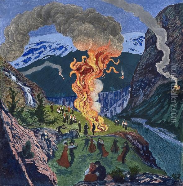 Midsummer Eve Bonfire Oil Painting - Nikolai Astrup