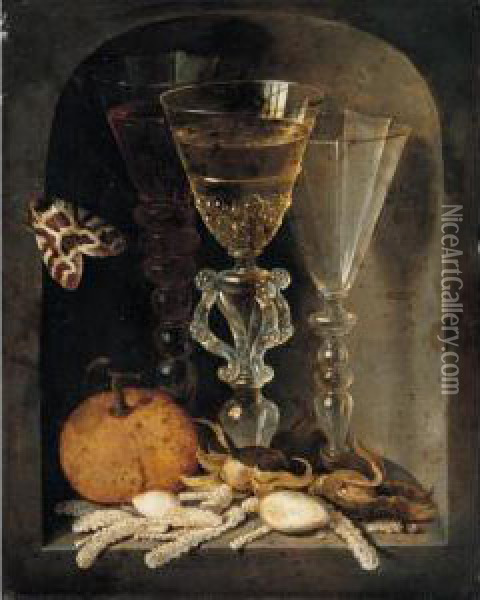 A Still Life Of Three Wine 
Glasses, An Orange, Sweetmeats, Hazelnuts And A Moth In A Stone Niche Oil Painting - Osias, the Elder Beert