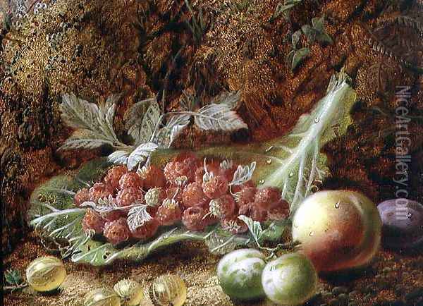 Still life of raspberries, gooseberries, peach and plums on a mossy bank Oil Painting - Oliver Clare