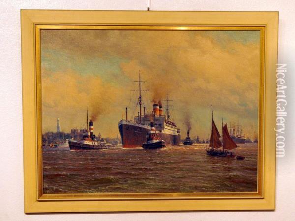 Blick Auf Die Elbe Vor Hamburg Mit Mehreren Dampf Oil Painting - Johannes Hardes