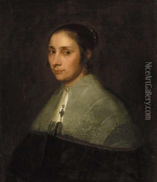 Portrait Of A Lady In Black Costume With A White Lace Collar Oil Painting - Juergen Ovens