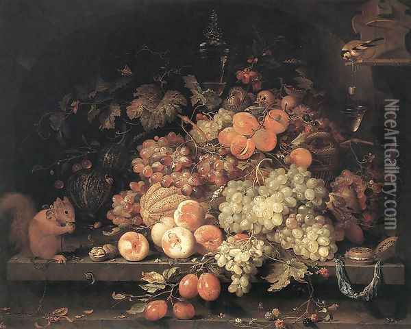 Fruit Still-Life with Squirrel and Goldfinch Oil Painting - Abraham Mignon