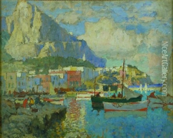 The Harbor At Capri, Italy Oil Painting - Konstantin Ivanovich Gorbatov
