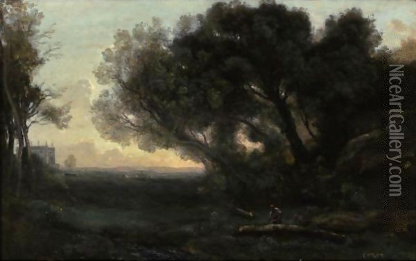 Souvenir D'Italie, Vallee Aux Grands Arbres Penches Oil Painting - Jean-Baptiste-Camille Corot