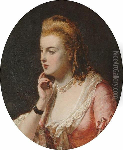 Portrait, Bust Length Of A Lady Wearing A Pink Dress Oil Painting - Abraham Solomon