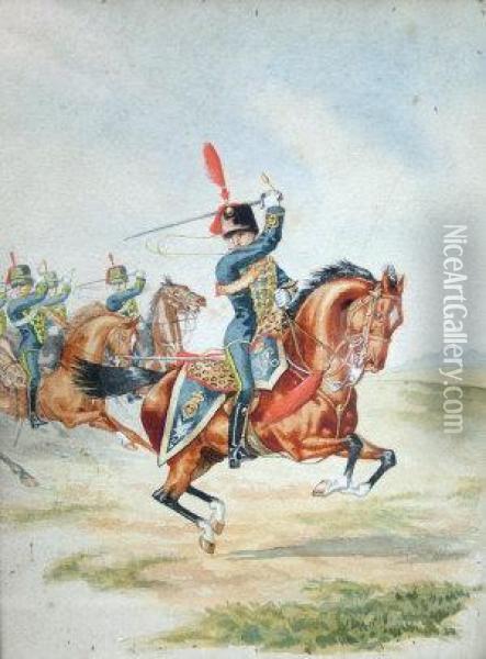 Ri -- The 15th Hussars On 
Horseback; Watercolour, Signed And Titled, 19x14cm. Note:the Subject Of 
The Above, Known As The 15th Or The Kings Light Dragoons Oil Painting - George Cattermole