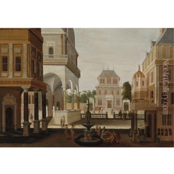 An Elaborate Architectural Capriccio With Numerous Elegant Figures Oil Painting - Nicolas de Gyselaer