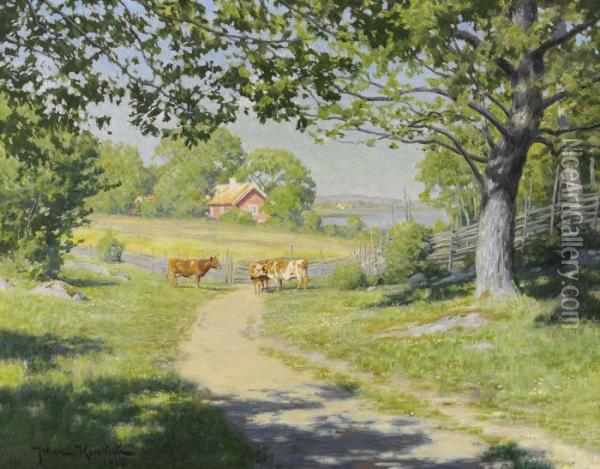 Landskap Med Kor Oil Painting - Johan Krouthen