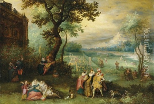 Elegant Company Making Merry In An Ornamental Garden By A Country House - An Allegory Of The Five Senses Oil Painting - David Vinckboons